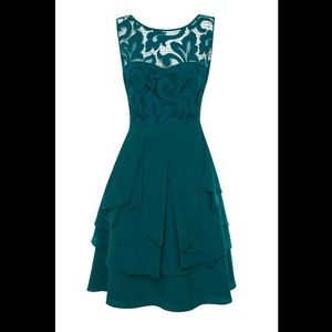 Teal Lace Dress with Draped Ruffle Skirt